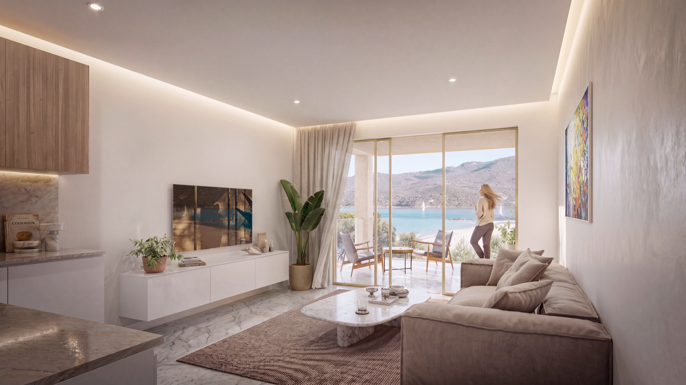Intérieur lumineux d'un appartement neuf T2/T3 à Alta Mare, Propriano