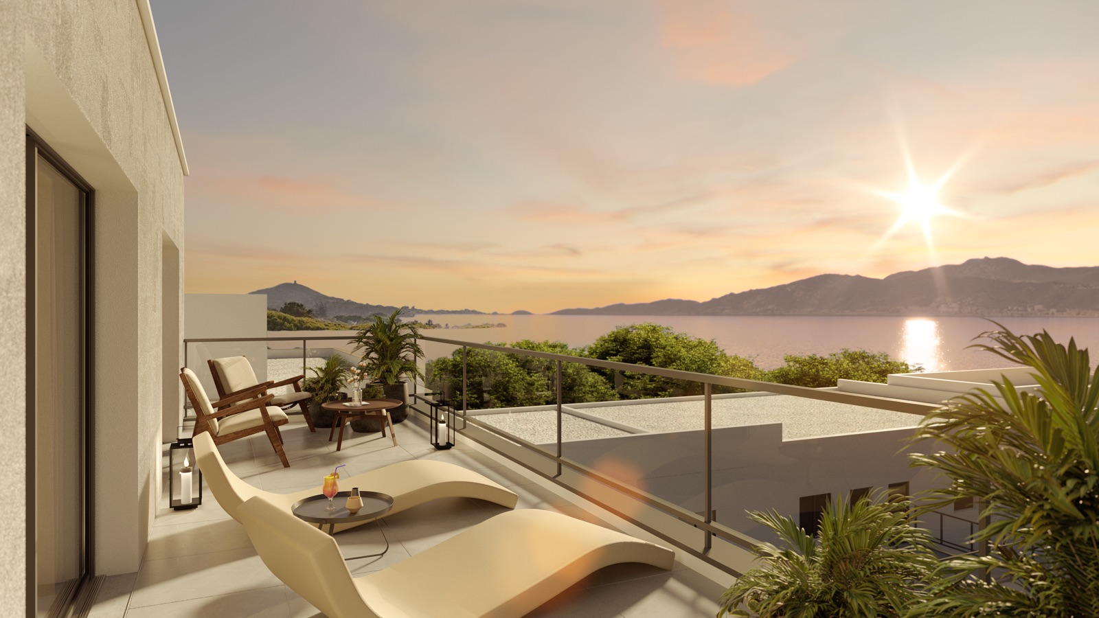 Terrasse d'un appartement neuf Terra Mare au couchant, vue mer à Porticcio